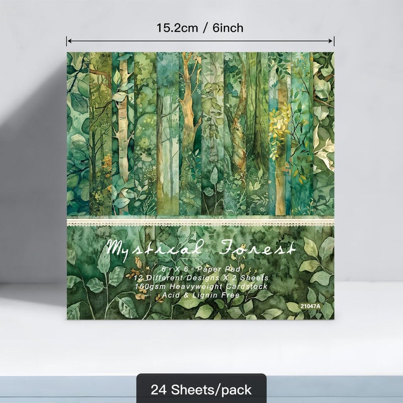 WLXTREE Scrapbook Paper Pad - 6×6 inch Green Forest Patterned Decorative Craft Paper for Scrapbooking Planner Bullet Junk Journal Supplies Mixed Media Collage Card Making，24 Sheets - Image 2
